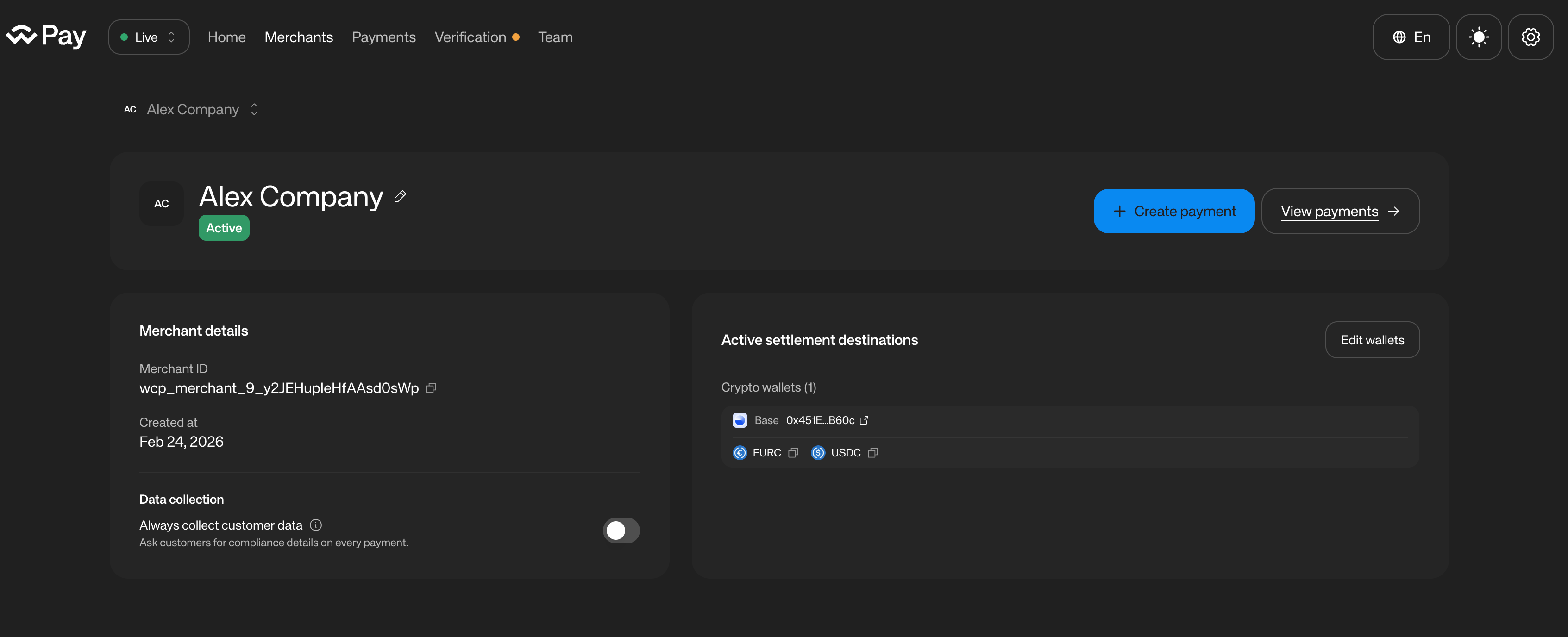 Current merchant details page showing merchant details and active settlement destination cards side by side.